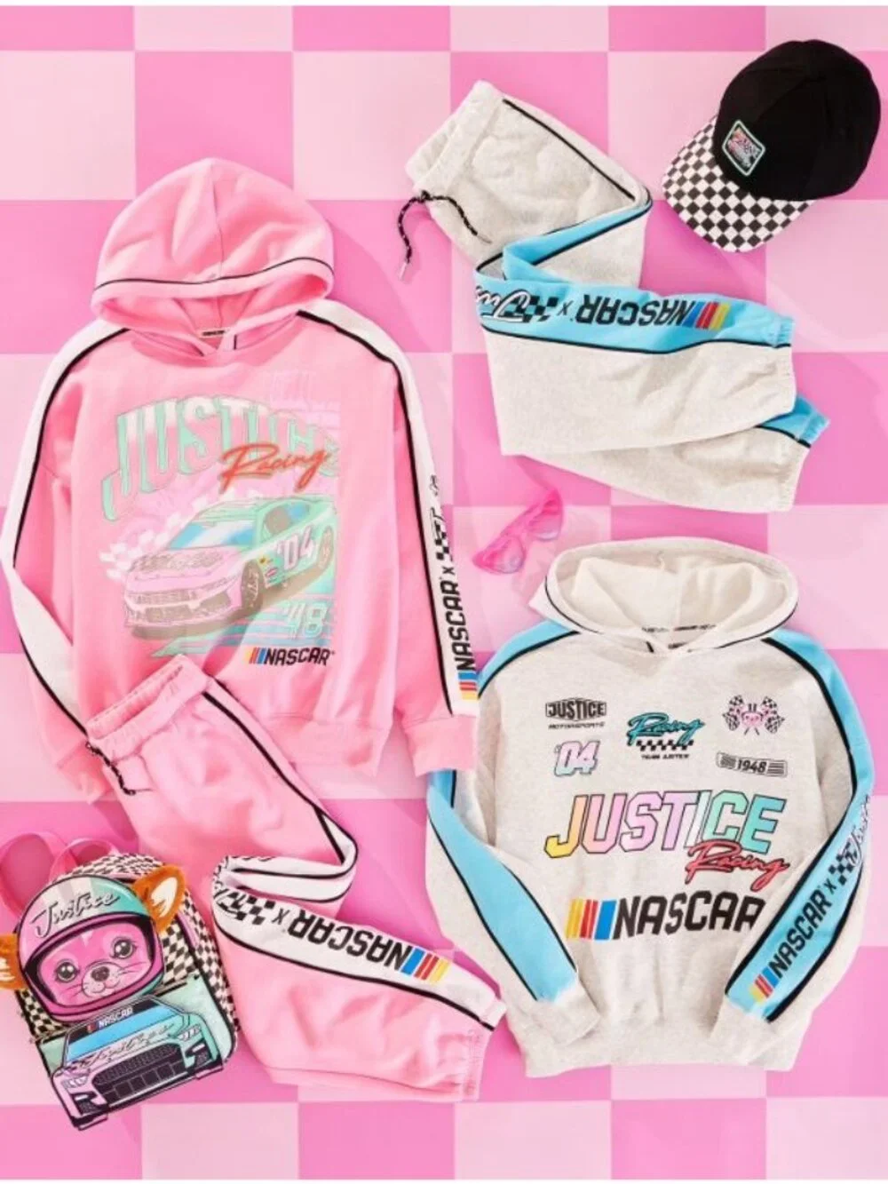NASCAR X Justice Girls Heather Gray & Blue Jogger Sweatpants With Side Stripe &